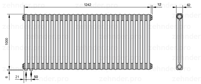 Схема (чертеж) Радиатор Zehnder Charleston 2100/27 №3370 Белый глянцевый RAL 9016
